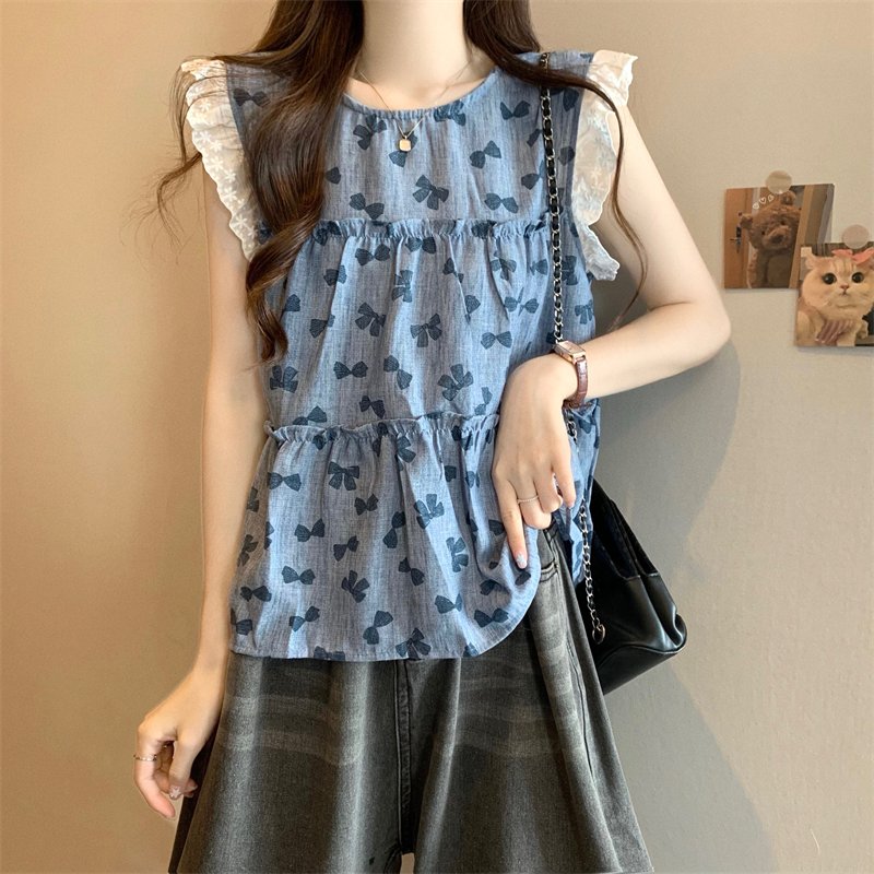 Vapetix Free Size-Free Size Real shot New version French lace flared sleeve sleeveless doll shirt blouse – Bild 8