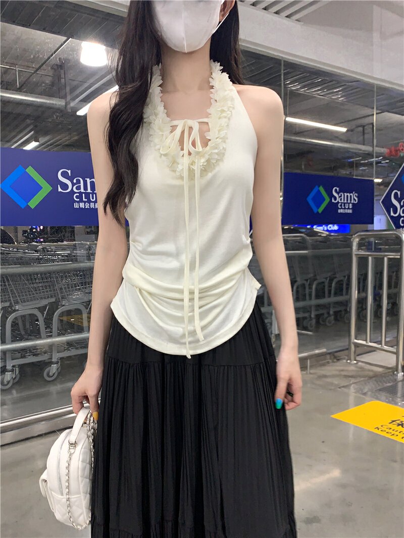 Vapetix Free Size-Free Size Shot Design Pure Color Sexy Flower Splicing V-Neck Backless Top for Women Summer Slimming Matchable – Bild 9