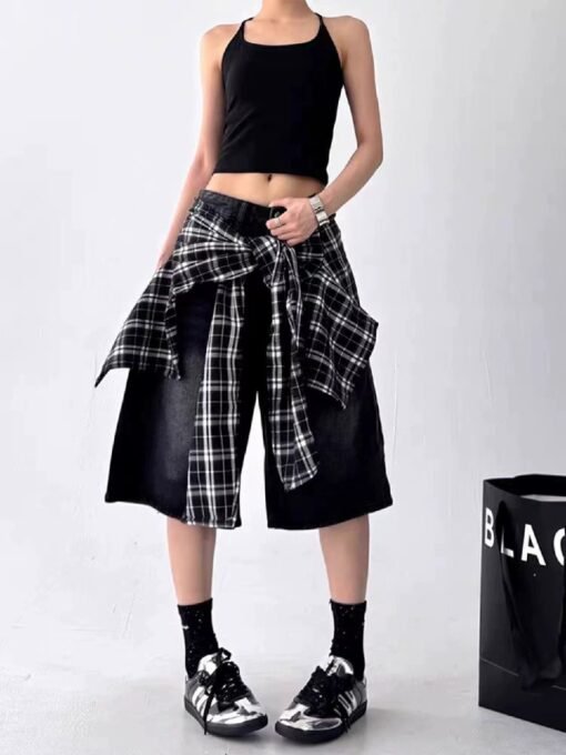 Vapetix S-XL  Designer Grid Stitched Denim Shorts for Women 2025 Summer New Loose Wide Leg Mid-Calf Pants Five-Ei – Bild 9