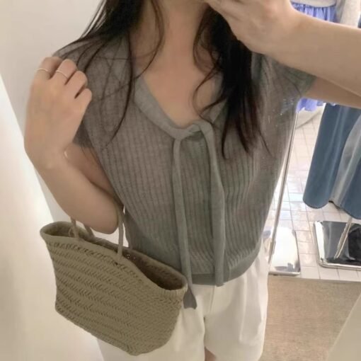 Vapetix Free Size-Free Size  Summer 2025 New Gentle Ribbon Laced Solid Color Knit Short Sleeve Top Women's Comfort Shirt Ins – Bild 9