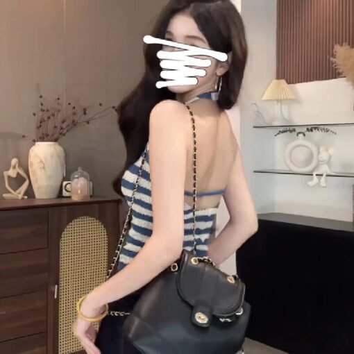 Vapetix Free Size-Free Size  American-style spicy off-shoulder striped V-neck halter top for women, 2025 summer new sexy slimmin – Bild 6