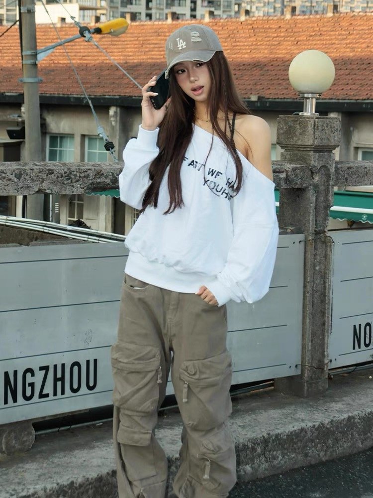 Vapetix M-2XL High-Quality Mamba Cotton 300g Vintage American Print Asymmetrical Shoulder Hoodie Women's Loose To - 图片 4