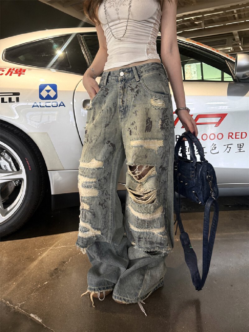 Vapetix S-XL Photographed! Sexy back slimming hot girl top women loose low-rise casual pants wide-leg pants ripp – Bild 8