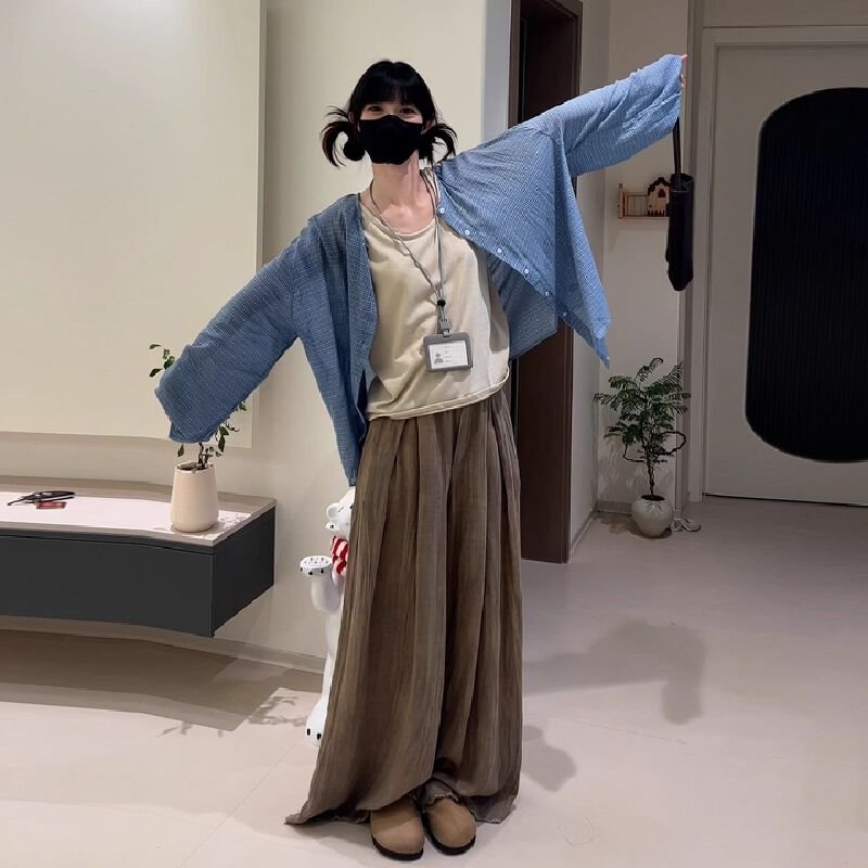 Vapetix S-2XL French blue checkered sunscreen shirt jacket for women, summer thin style, 2025 new arrival loose l – Bild 9