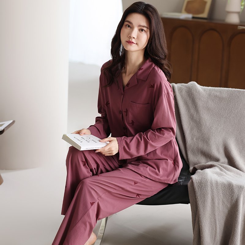 Vapetix M-XXL Ladies' New Spring and Autumn Season 100% Cotton Open Neck Casual Long Sleeve Pajama Set Wearable O – Bild 4