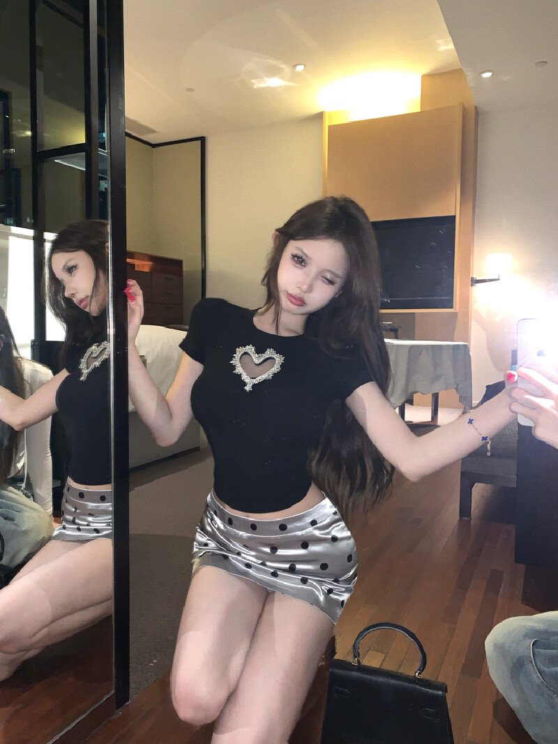 Vapetix S-M Real shot! Hollow-out sparkling diamond slim-fit short-sleeved T-shirt for women, polka dot low-wai – Bild 8