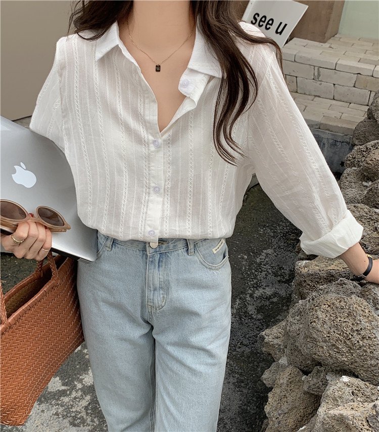 Vapetix S-L 2025 Korean Style French-Chic Collar Single-Breasted Button Down Simple Versatile Gentle Dark Strip – Bild 9