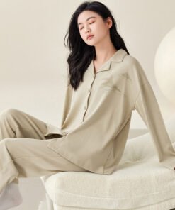 Vapetix M-XXL  New Autumn 5050 Modal Women's Collarless Open Top Long Sleeve Long Pants Pajama Set for Women Homec