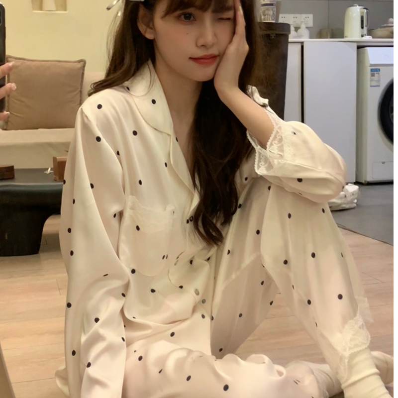 Vapetix M-XL Autumn Sophisticated Ice Silk French-Style Affordable Luxury Polka-Dot Silk Long-Sleeve Outwear-Rea