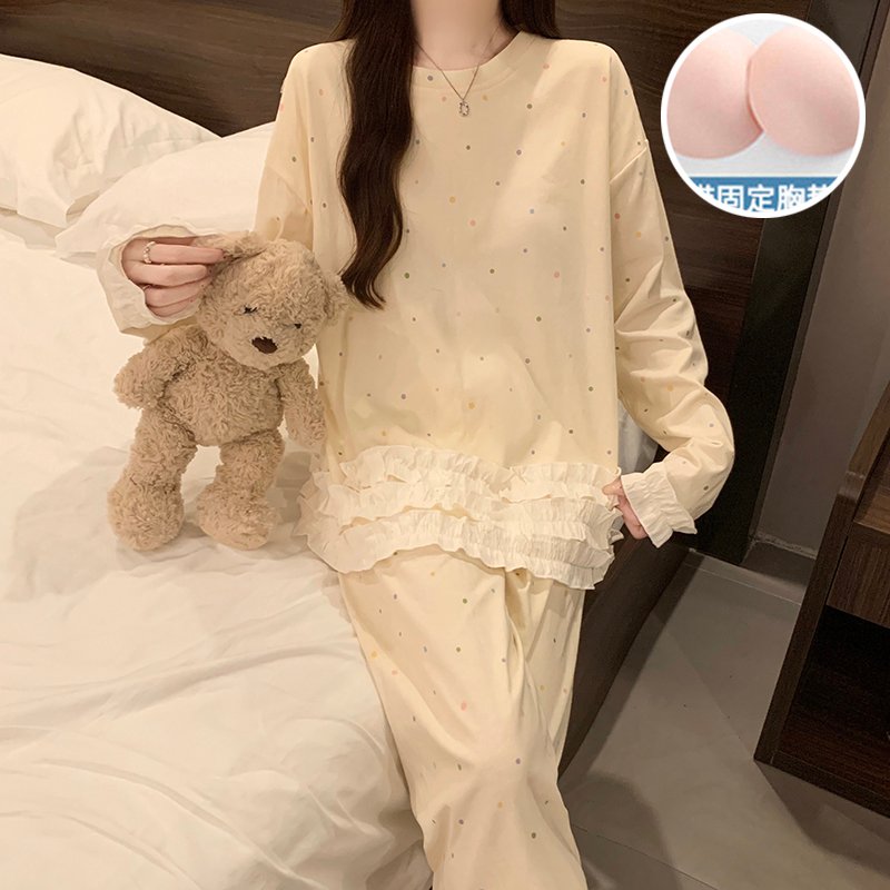 Vapetix M-XXL Women's 2025 Autumn Cotton-Poly Blend Pullover Top with Collar and Long Pants Sleepwear Set (180g,