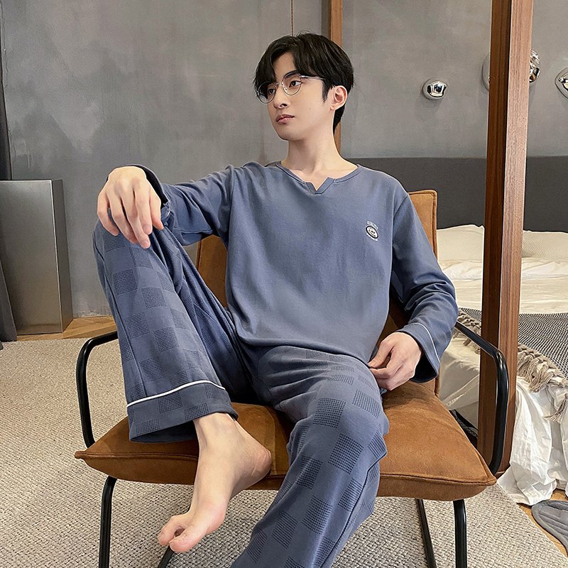 Vapetix L-XXXL Autumn New Cotton-Like Men's Plaid Round Neck Pullover Long Sleeve Long Pants Pajama Set for Men Ho
