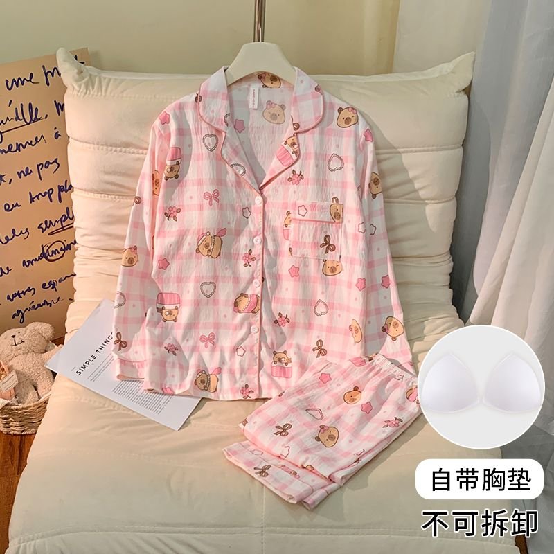 Vapetix M-XXL Women's Autumn New Sleepwear Set with Built-in Bralette, Woven Cloud Cotton Cardigan, Sweet Long-Sl - 图片 5