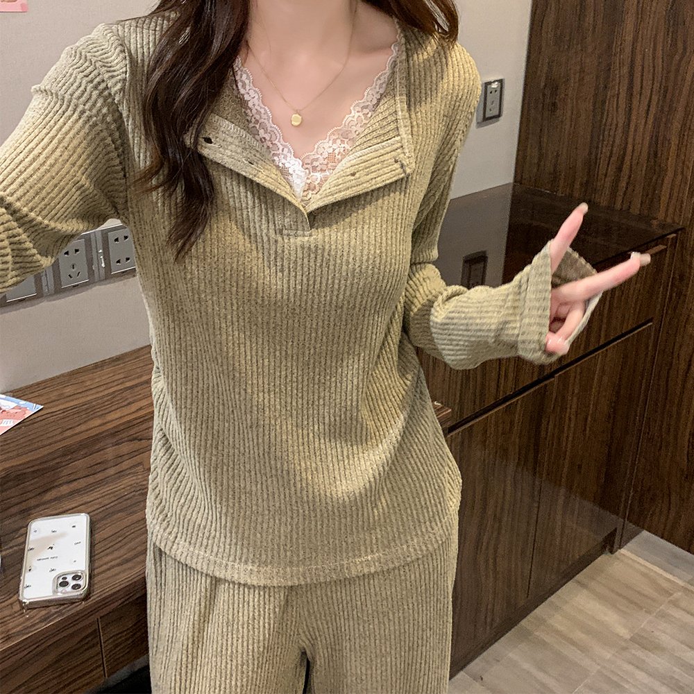 Vapetix M-XXL Cashmere Korean-style casual fixed-cup sleepwear with V-neck lace, plain cashmere ribbed hole strip