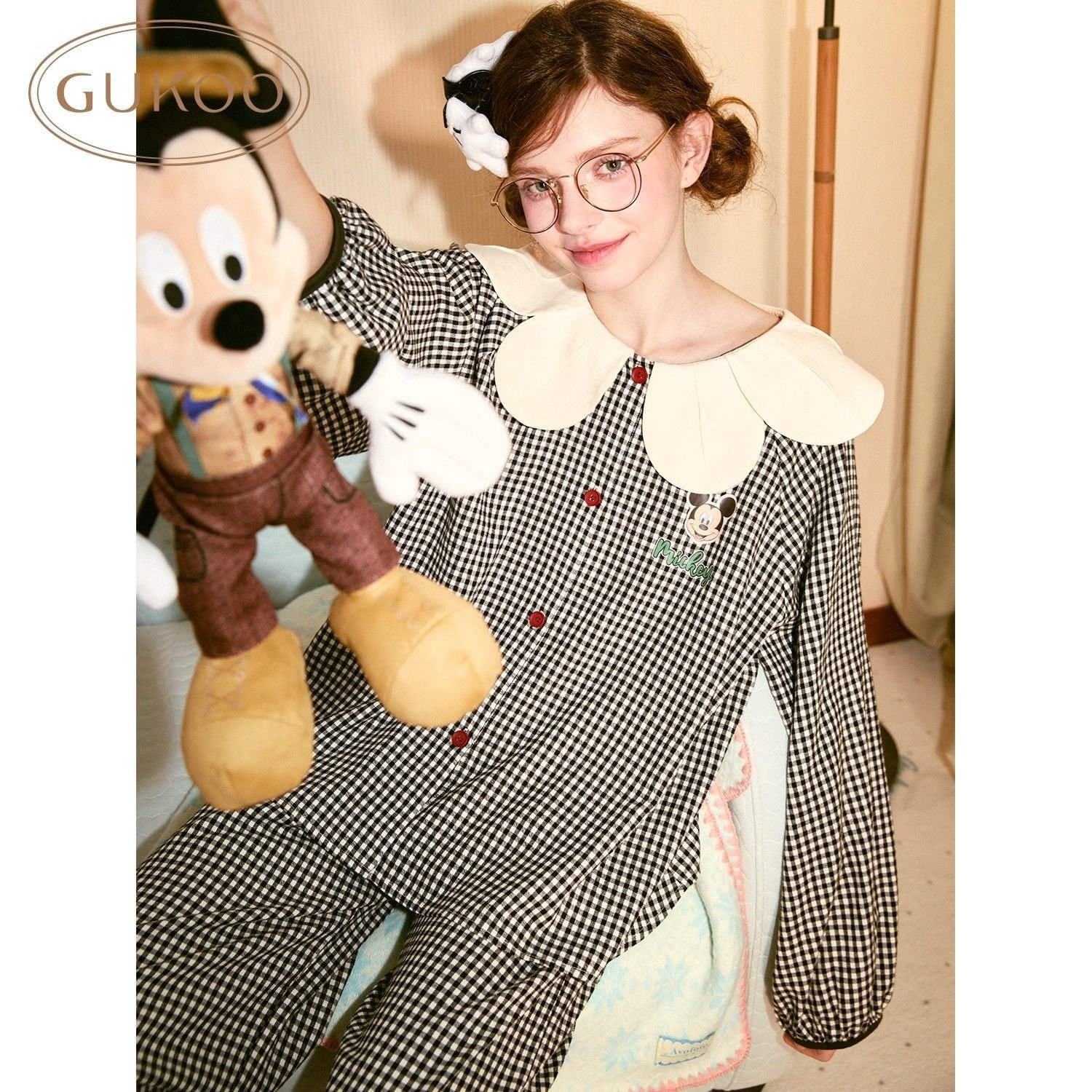 Vapetix M-XXL Women's Sweet Mickey Plaid Baby Collar Cloud Cotton Long-Sleeved Long Pants Homecoming Set for Spri - 图片 4