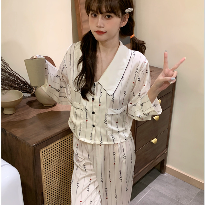 Vapetix M-XL Autumn Sophisticated Ice Silk French-Style Affordable Luxury Short-Sleeve Silk Homewear Set – Perfe