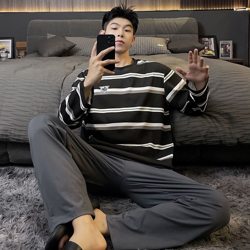 Vapetix L-XXXL Men's Spring and Autumn Winter Pajama Set with Double Pockets, Pull-on Style, Cotton-like Material, – Bild 5