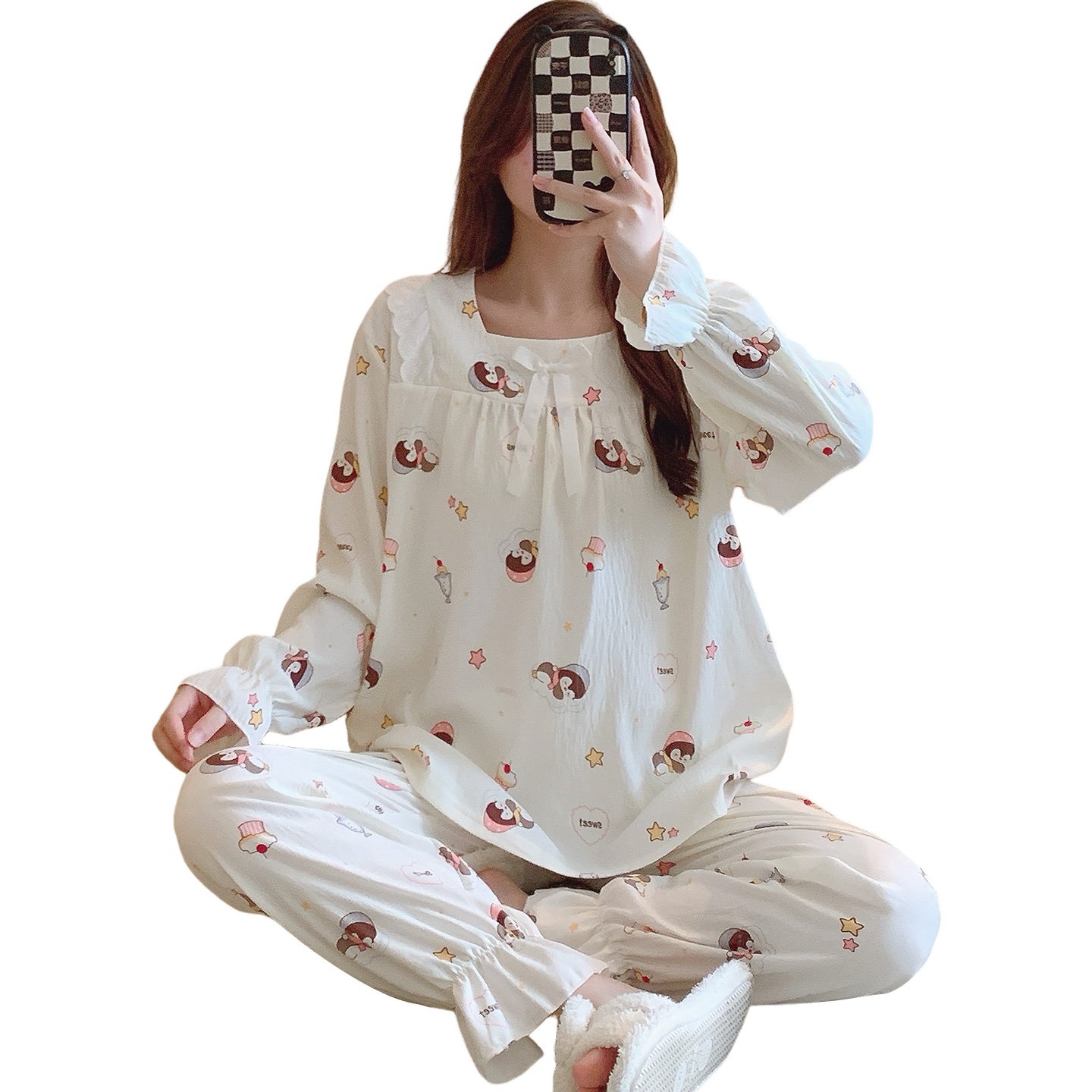 Vapetix M-XXL Qiao Mengran 2025 Autumn Cloud Cotton Square Collar Long Sleeve Long Pants Nightgown Set for Women