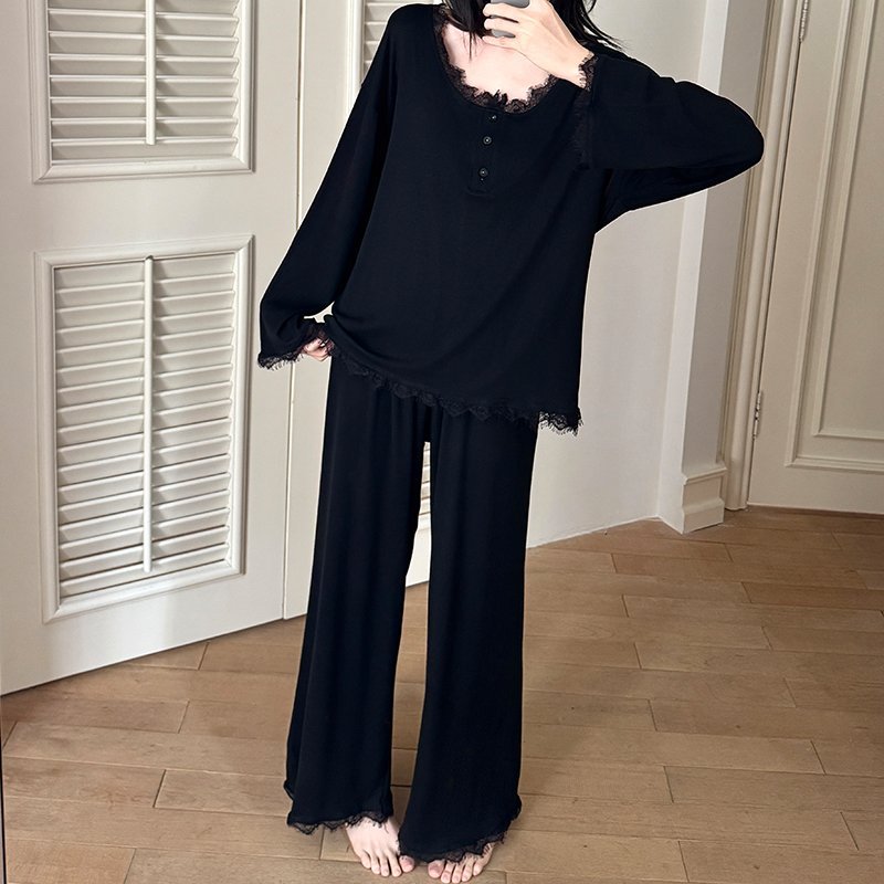 Vapetix M-XXL Orange Heart 【14th Batch】Autumn New Cotton Lining Pajama Set for Women Sweet Lace Edge Loose Two-Pi