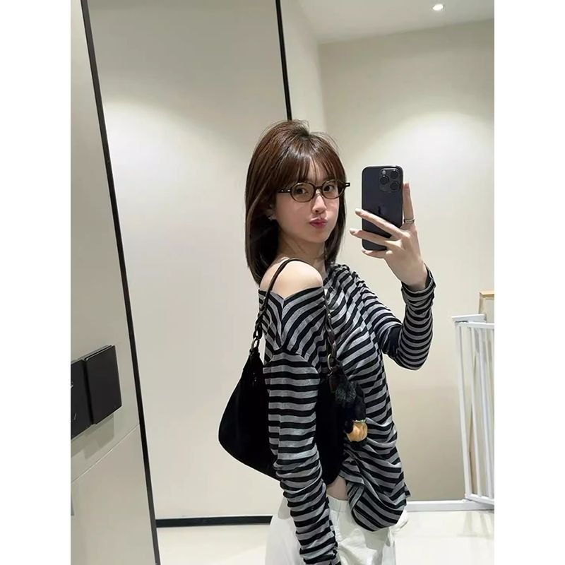 Vapetix S-XL Original Color-Woven Striped Off-the-Shoulder Long-Sleeve T-Shirt for Women, Korean Style Design, O