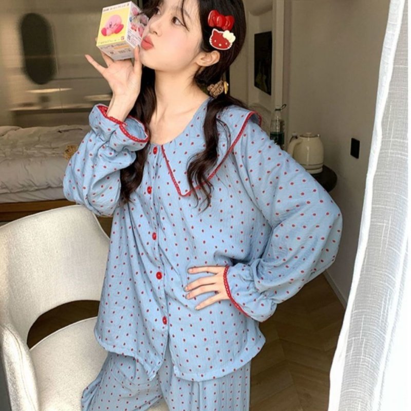 Vapetix M-XXL Baby Collar Blueberry Jam Polka Dot Sleepwear Set for Women Cloud Cotton Spring and Autumn Season L - 图片 5