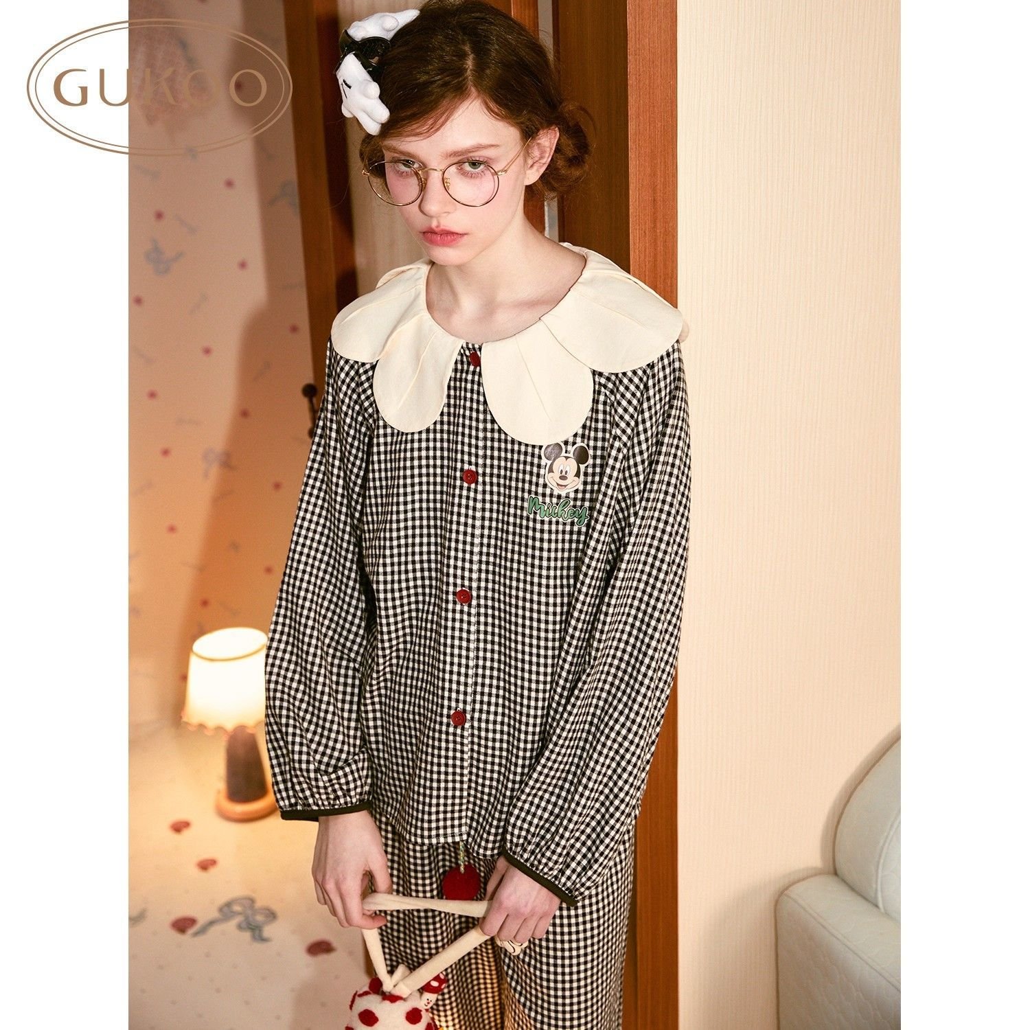 Vapetix M-XXL Women's Sweet Mickey Plaid Baby Collar Cloud Cotton Long-Sleeved Long Pants Homecoming Set for Spri