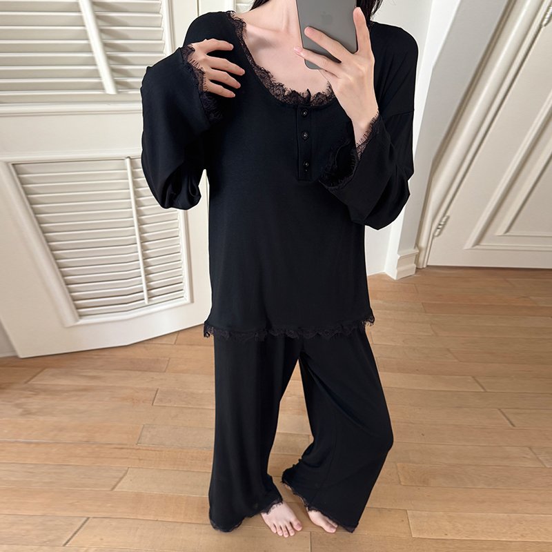 Vapetix M-XXL Orange Heart 【14th Batch】Autumn New Cotton Lining Pajama Set for Women Sweet Lace Edge Loose Two-Pi – Bild 2