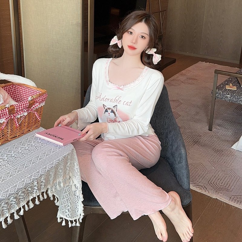 Vapetix M-XL 【With Undetachable Chest Pad】Spring and Autumn Long Sleeve Women's Modal Cat Sweet Home Dress Set