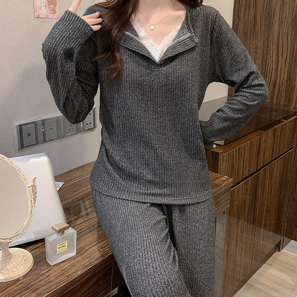 Vapetix M-XXL Cashmere Korean Style Casual Fixed-Chest Padded Pajamas Autumn/Winter V-Neck Lace Solid Color Cashm - 图片 5