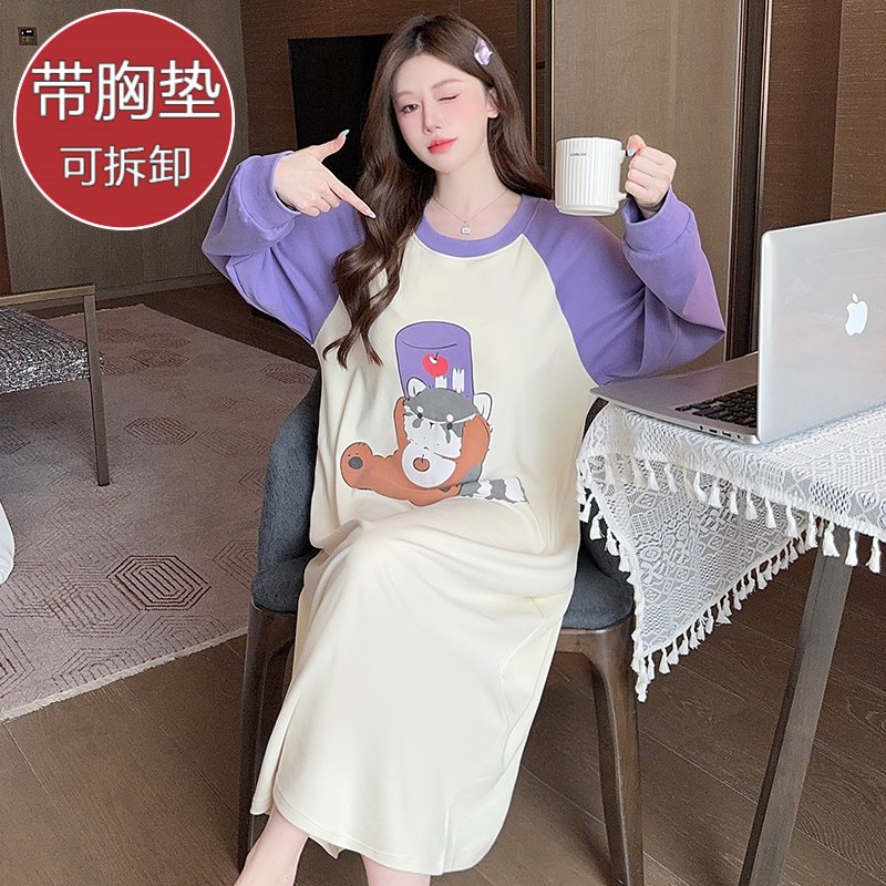 Vapetix M-5XL Double-Sided Fleece Nightgown for Women, Sweet Spring and Autumn Season, with Built-in Bra Cup, Lon