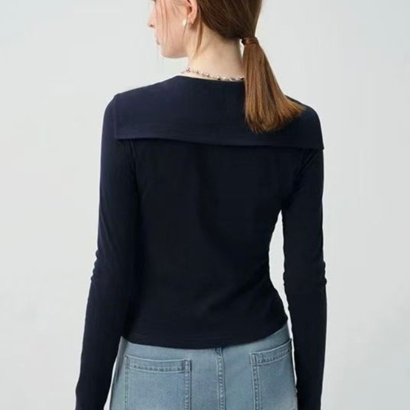 Vapetix Free Size-Free Size Women's Vintage Striped Navy Collar with Ribbon Youthful Design Long-Sleeve T-Shirt in Autumn Korea