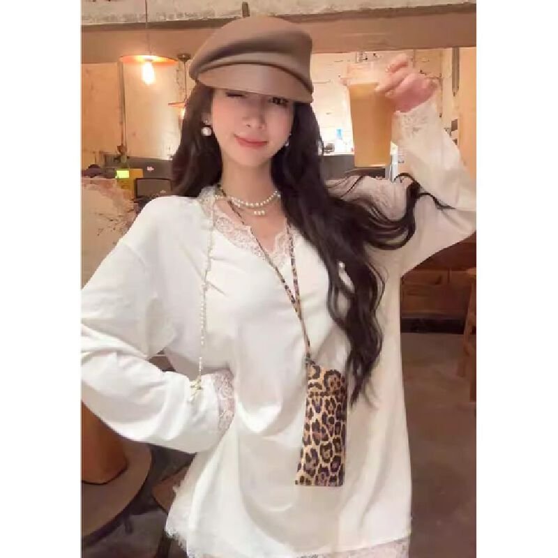 Vapetix S-XL French High-End Luxury Fashion Lace-Mesh V-Neck Long-Sleeve T-Shirt for Women: Autumn Style, Loose – Bild 2