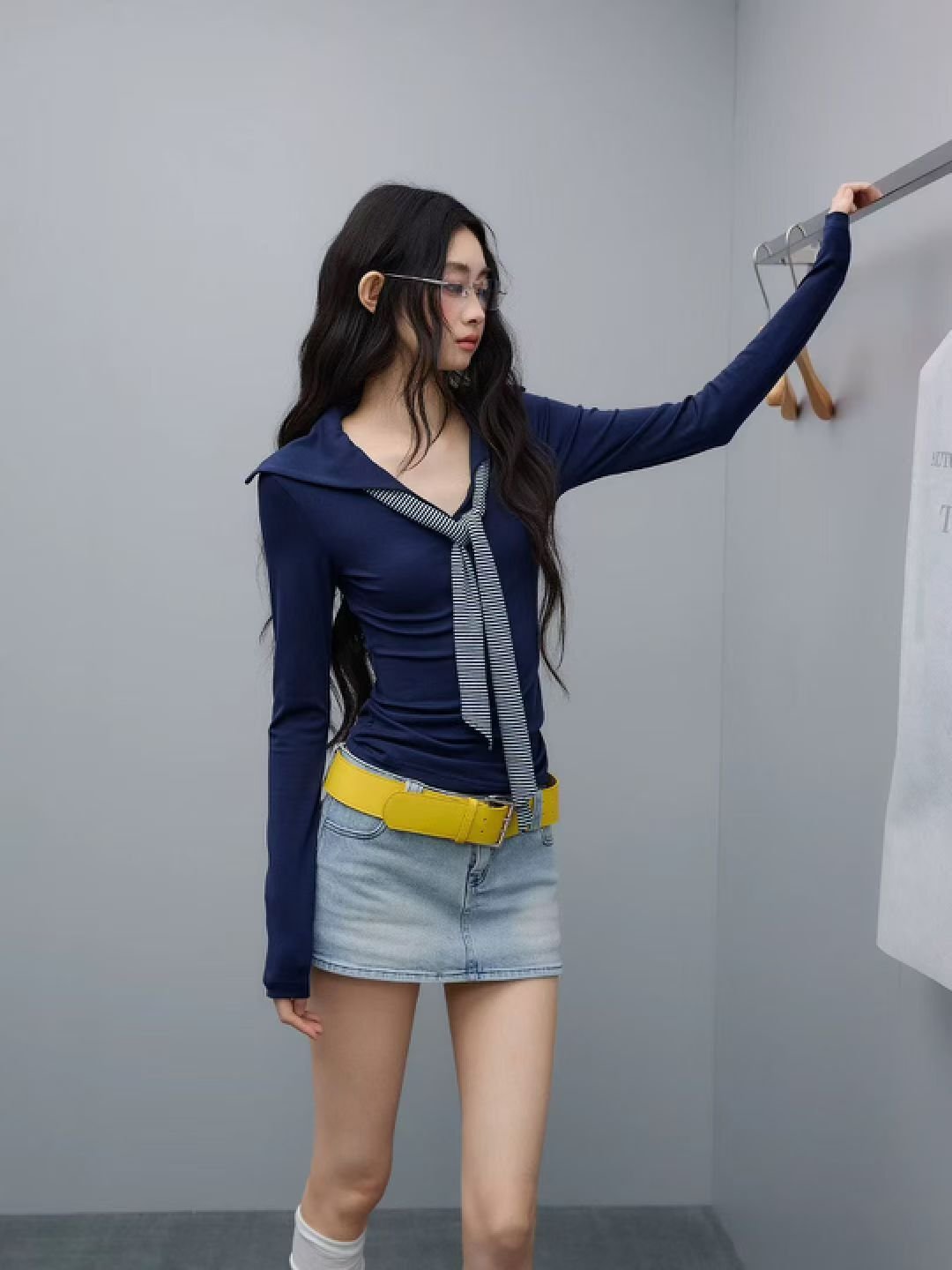 Vapetix Free Size-Free Size Women's Vintage Striped Navy Collar with Ribbon Youthful Design Long-Sleeve T-Shirt in Autumn Korea – Bild 2