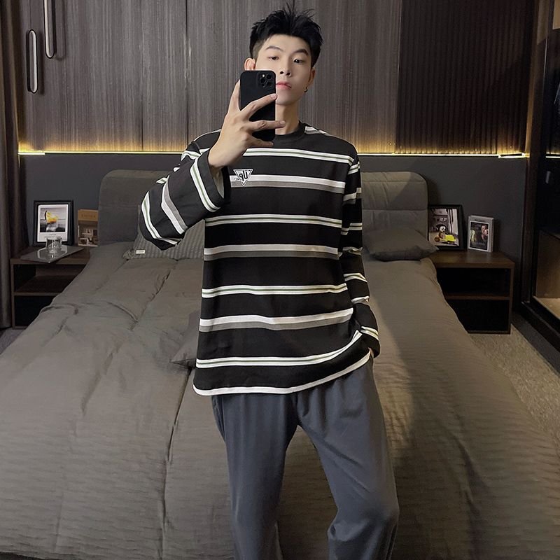 Vapetix L-XXXL Men's Spring and Autumn Winter Pajama Set with Double Pockets, Pull-on Style, Cotton-like Material,