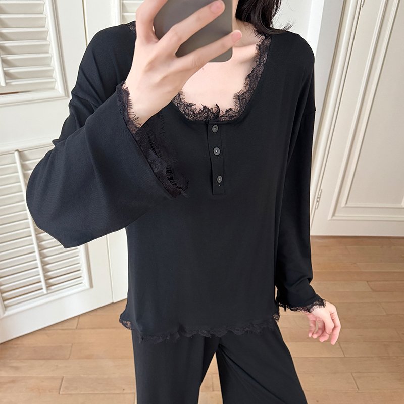 Vapetix M-XXL Orange Heart 【14th Batch】Autumn New Cotton Lining Pajama Set for Women Sweet Lace Edge Loose Two-Pi – Bild 5