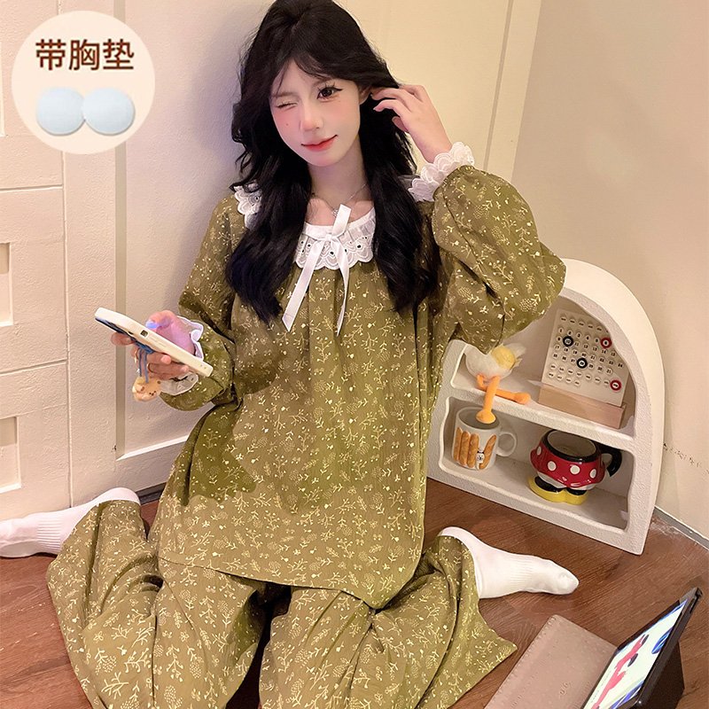 Vapetix M-XXL Women's Fall Long Sleeve Princess Style Pajama Set with Cute Round Neck Ruffle Set - Cloudy Cotton