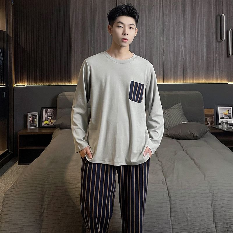 Vapetix L-XXXL Men's Spring and Autumn Winter Pajama Set with Double Pockets, Pull-on Style, Cotton-like Material,