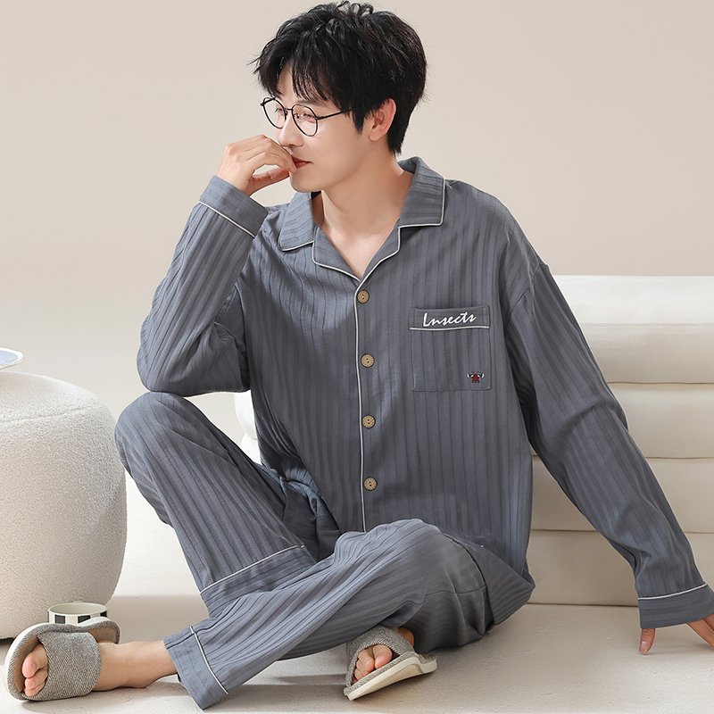 Vapetix L-XXXL Autumn New Cotton-Like Men's Long-Sleeve Open-Neck Pullover and Long Pants Pajama Set for Men, Wear – Bild 2