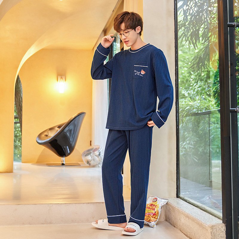Vapetix L-4XL Autumn New Cotton-Like Men's Drawstring Crew Neck Pullover Long-Sleeve Long Pants Pajama Set for Me - 图片 2