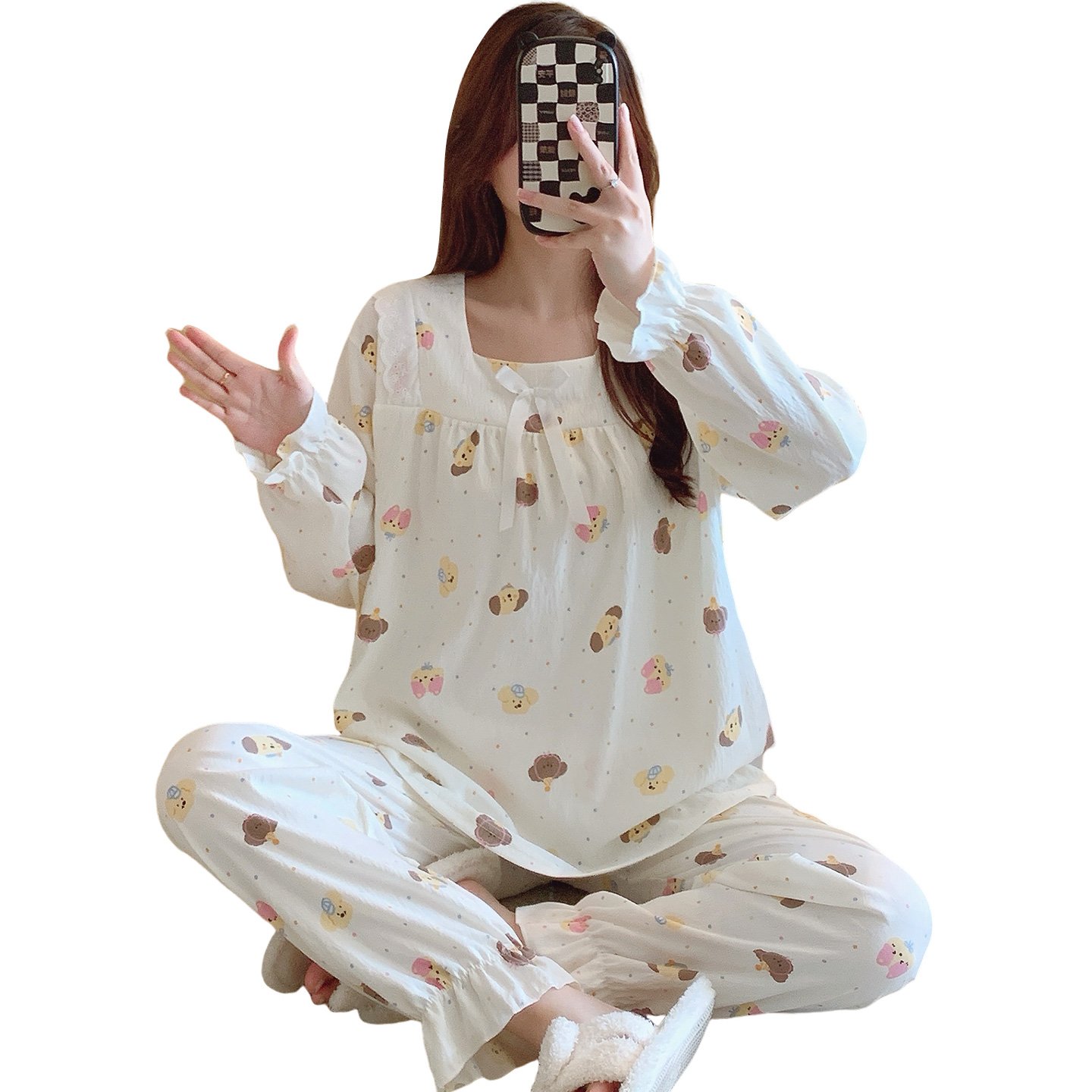 Vapetix M-XXL Qi Mengran 2025 Autumn Cloud Cotton Square Collar Long Sleeve Long Pants Nightgown Set for Women Pr