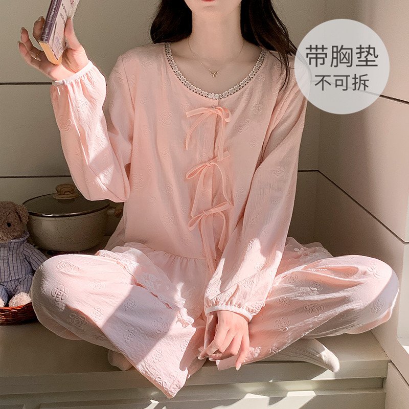 Vapetix M-XXL 【Qiao Mengran】Cloud Cotton Ribbon Bralette Sleepwear Set for Women - Spring and Autumn Sweet Long-S