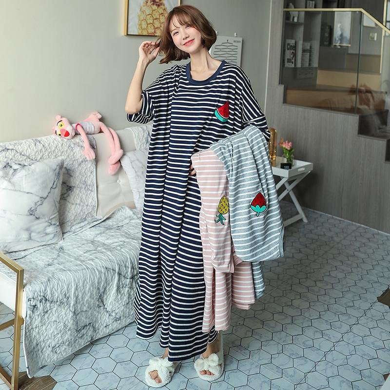 Vapetix M-XXL Summer sleepwear for women, short-sleeve fruit cartoon loose home clothes, plus-size striped nightg - 图片 8