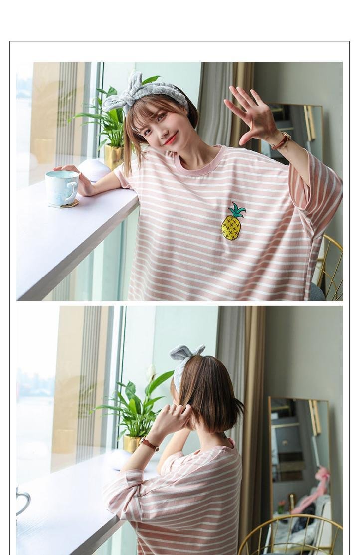 Vapetix M-XXL Summer sleepwear for women, short-sleeve fruit cartoon loose home clothes, plus-size striped nightg - 图片 4