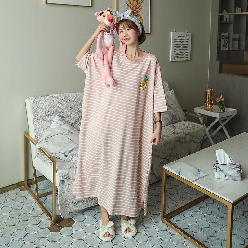 Vapetix M-XXL Summer sleepwear for women, short-sleeve fruit cartoon loose home clothes, plus-size striped nightg - 图片 5