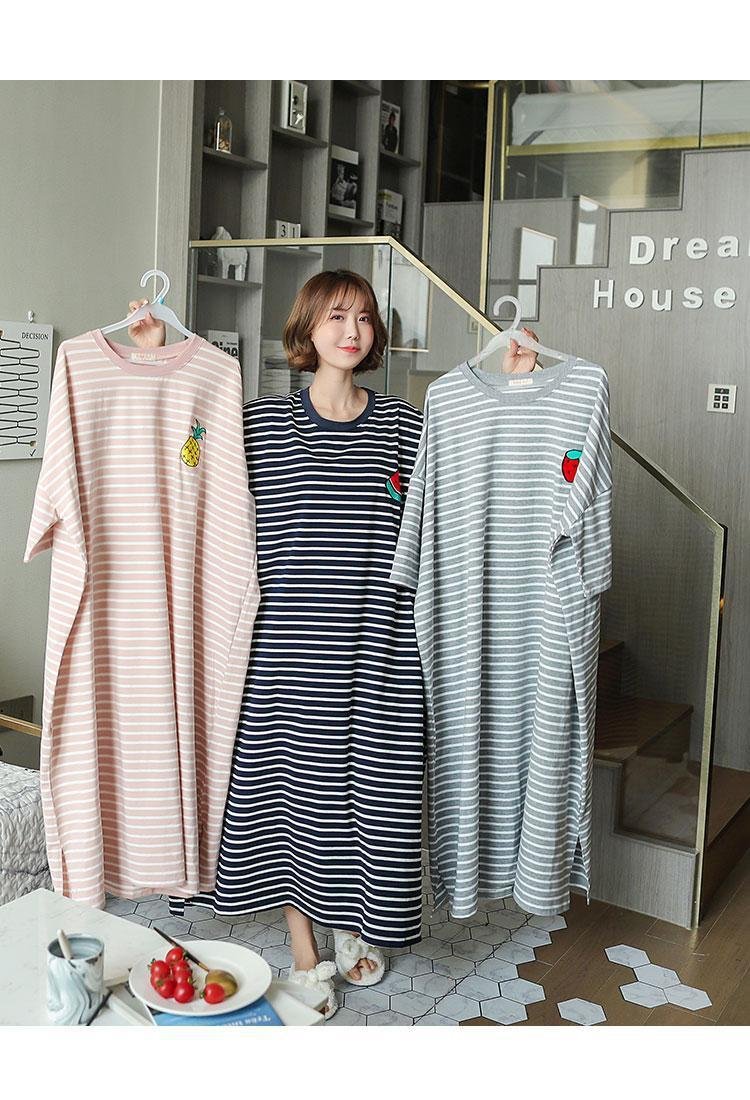 Vapetix M-XXL Summer sleepwear for women, short-sleeve fruit cartoon loose home clothes, plus-size striped nightg - 图片 6
