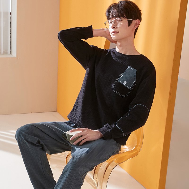 Vapetix L-XXXL New Autumn Cotton-Imitation Men's Flat Round Neck Hooded Long Sleeve Long Pants Pajama Set for Men