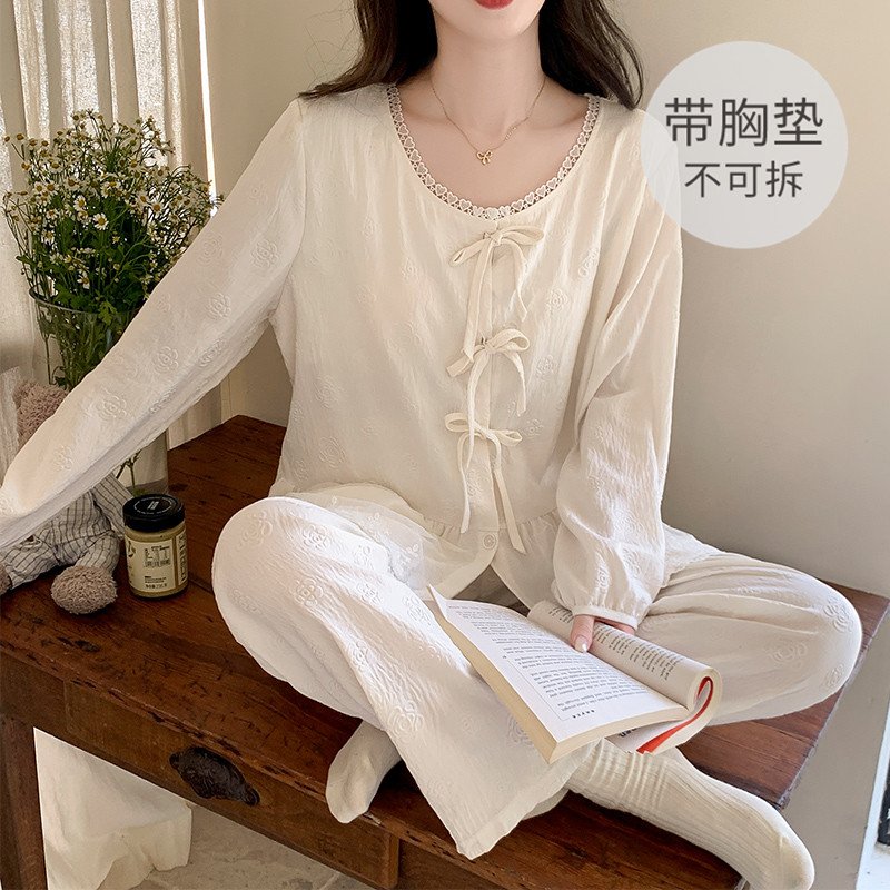 Vapetix M-XXL 【Qiao Mengran】Cloud Cotton Ribbon Bralette Sleepwear Set for Women - Spring and Autumn Sweet Long-S - 图片 2