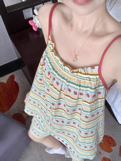 Vapetix M-XXL  Official image Cloud cotton with bra cups Ins-style summer new strawberry striped tank shorts sweet