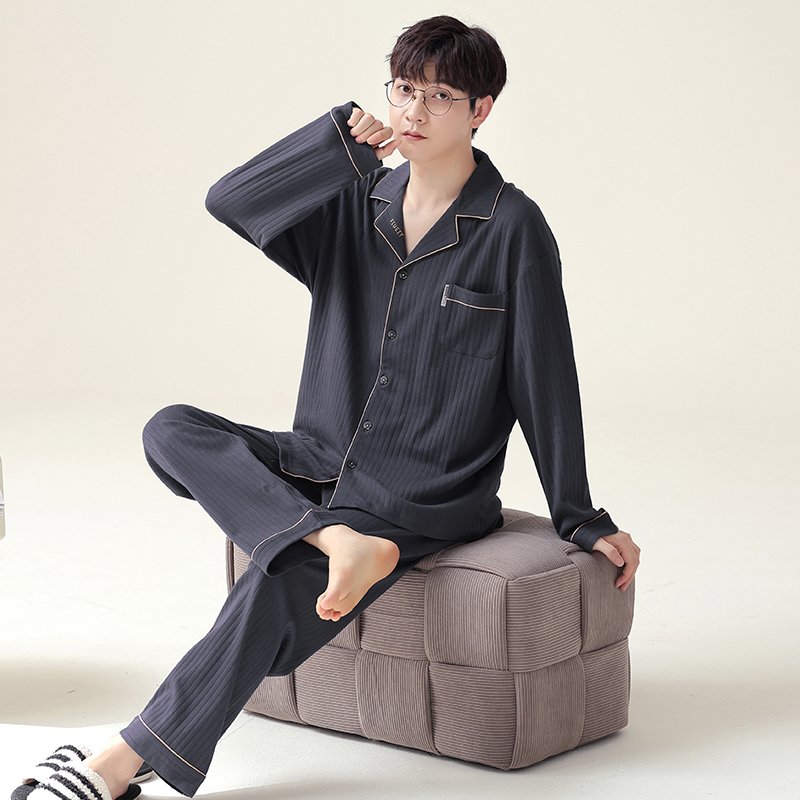 Vapetix L-4XL New Autumn Cotton-Imitation Men's Large Stripe Polo Collar Sweatshirt Long Sleeve Long Pants Pajama - 图片 5
