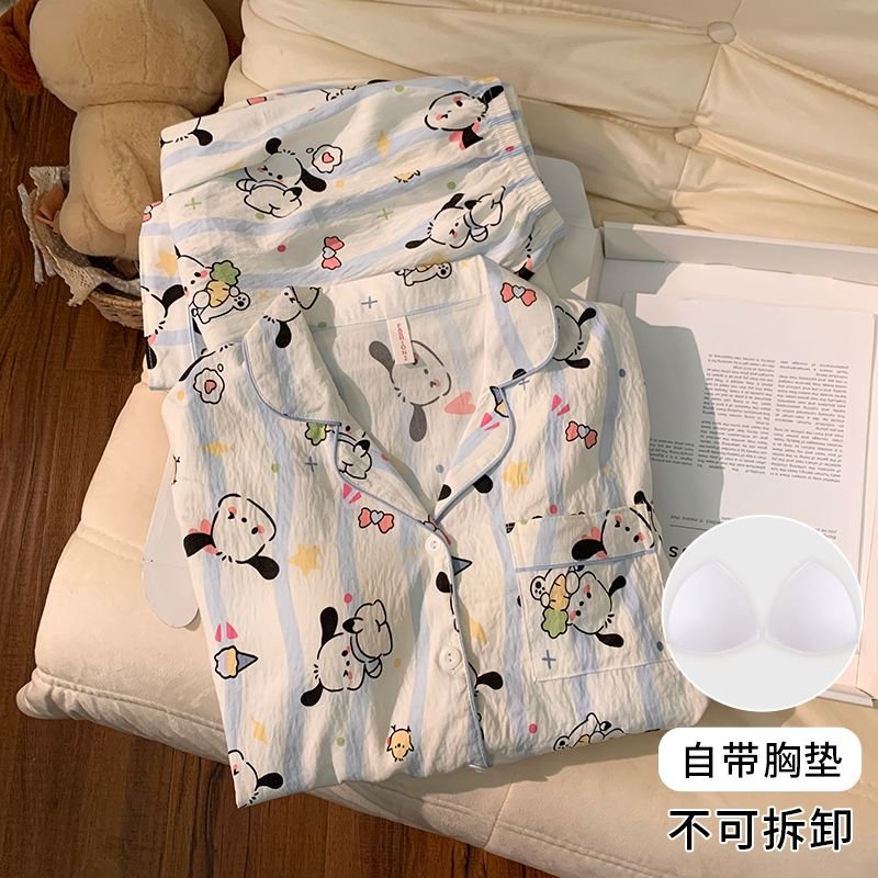 Vapetix M-XXL Ladies' Autumn New Sleepwear Set with Bra Cup Knitted Cloud Cotton Cardigan Sweet Long Sleeve Home