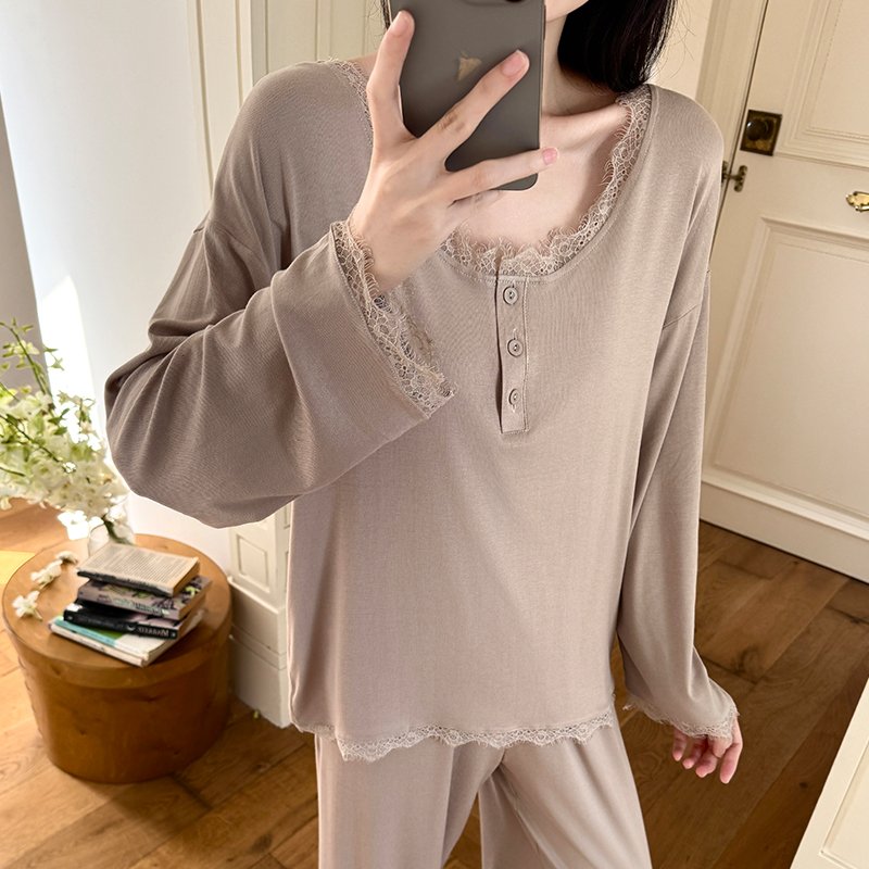 Vapetix M-XXL Orange Heart 【Batch 14】Autumn New Cotton Lining Pajamas Set for Women Sweet Lace Edge Loose Two-Pie - 图片 4